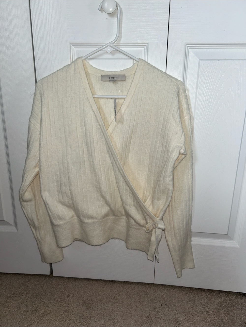 LOFT Ivory Ribbed Fake Wrap Cardigan with Side Tie